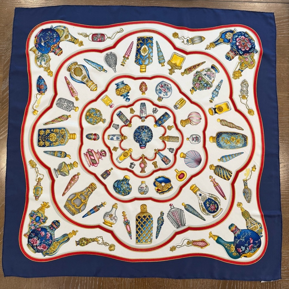 Authentic Hermes Elegant Blue and Cream Silk  Scarf